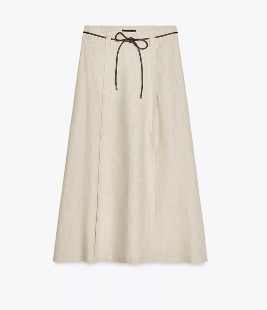 Zara beige linen belted midi skirt with slit