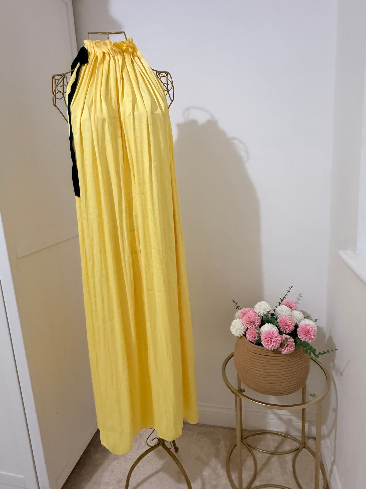 Yellow Pleated Satin Midi Dress