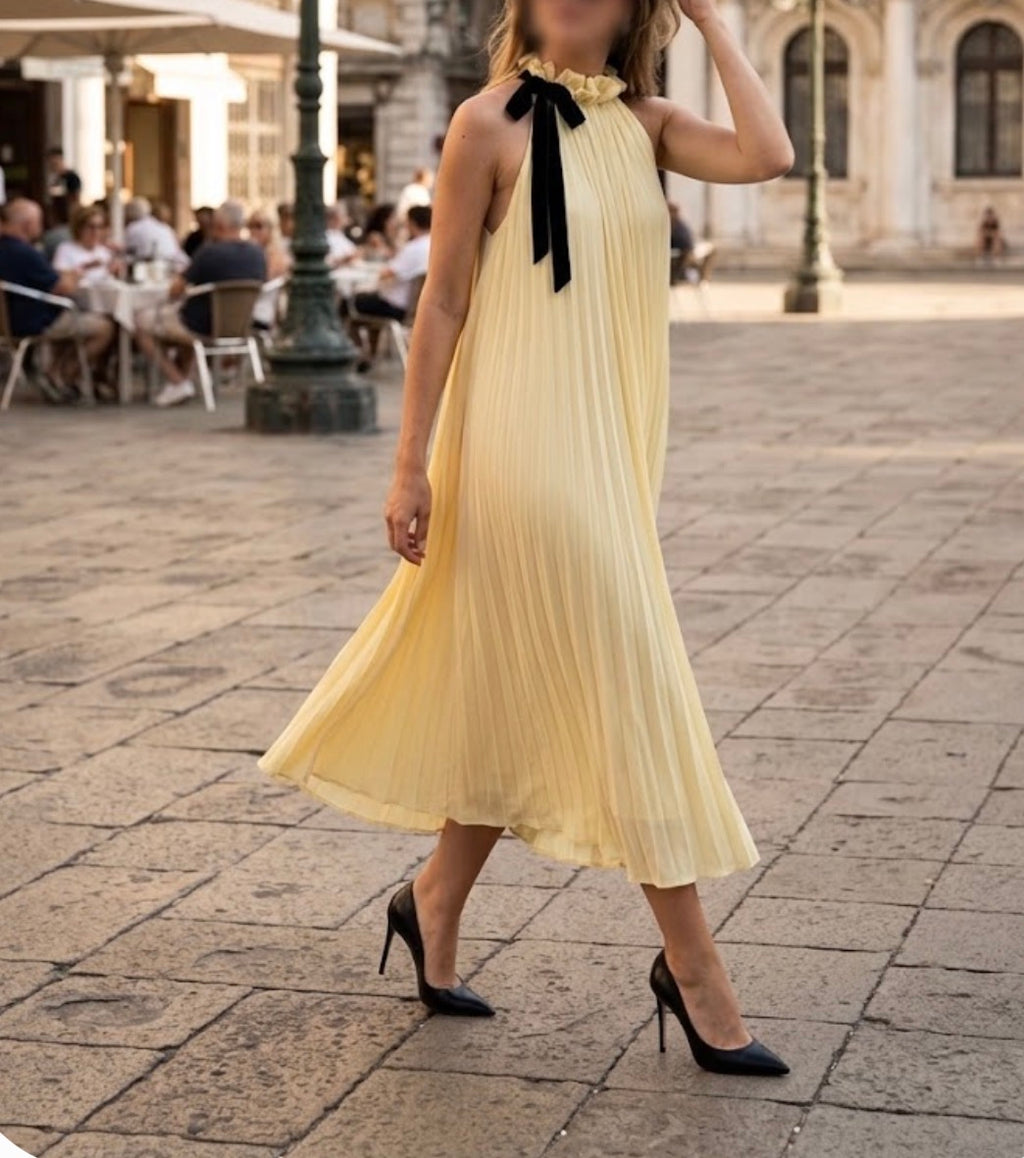 Yellow Pleated Satin Midi Dress
