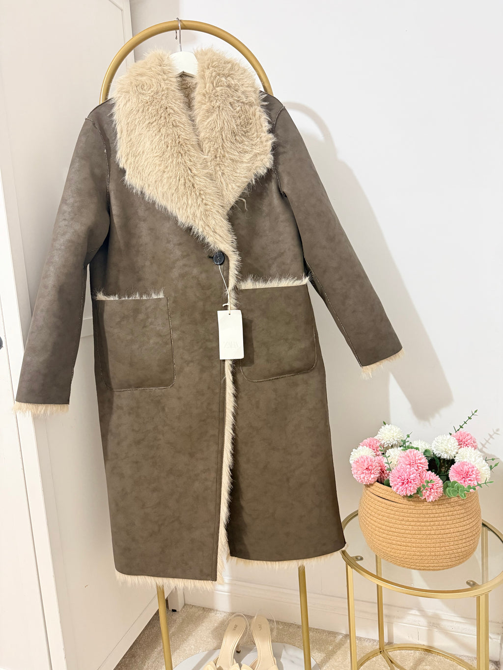     Zara brown and beige reversible faux fur coat front view