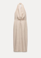 Halter Neck Beige Sleeveless Midi Dress