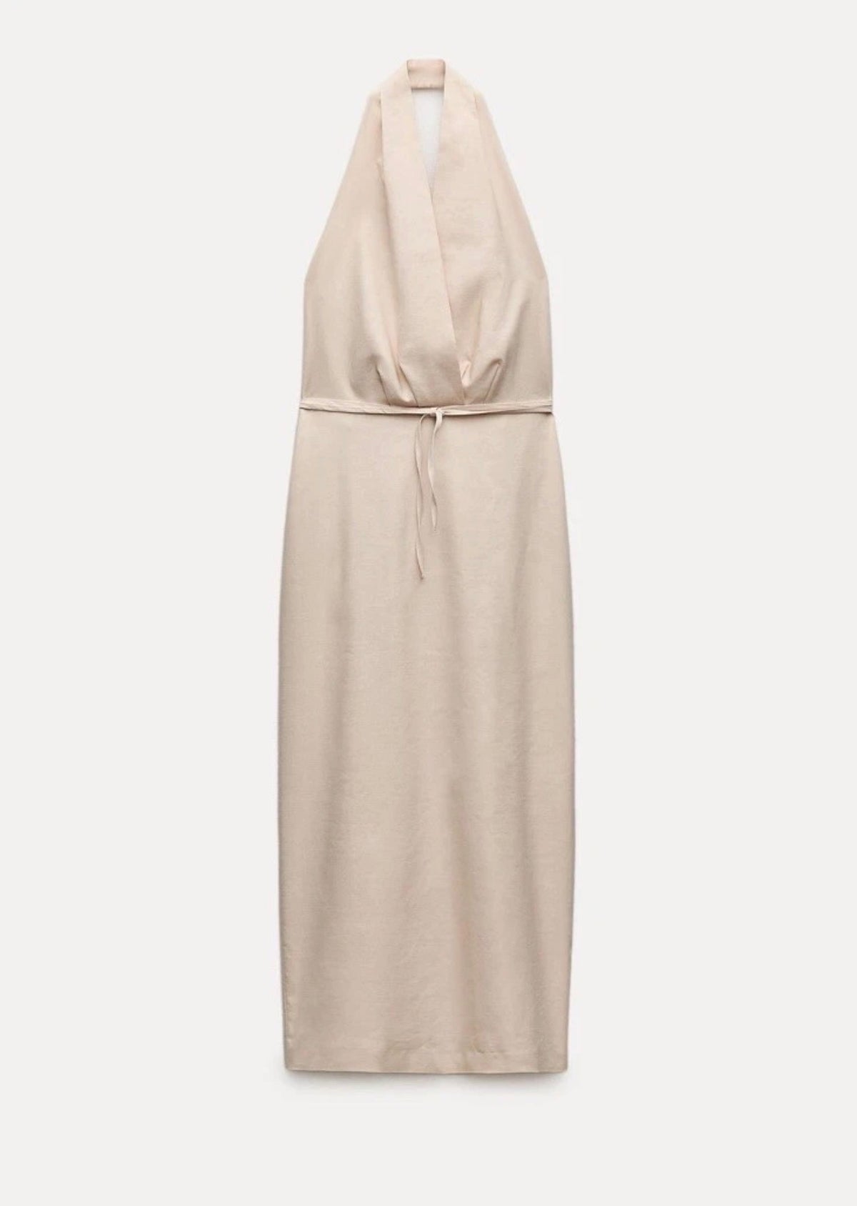 Halter Neck Beige Sleeveless Midi Dress