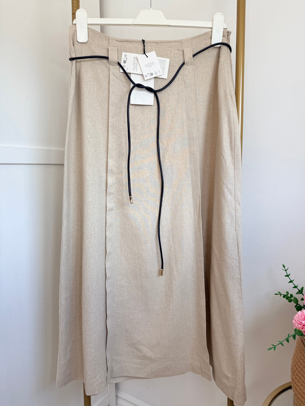 Zara Beige Linen Belted Midi Skirt 2153/939