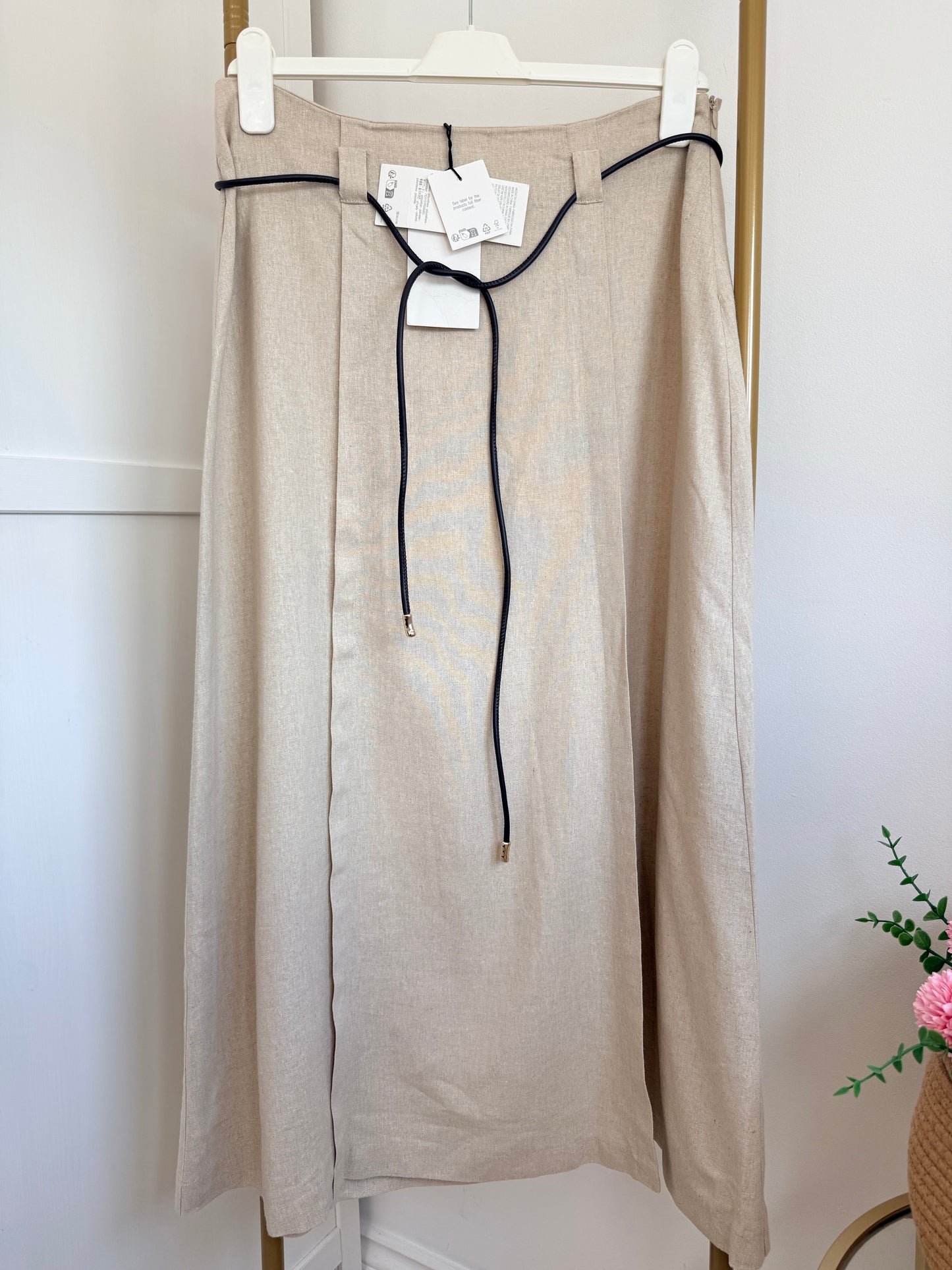 Zara beige linen belted midi skirt with slit