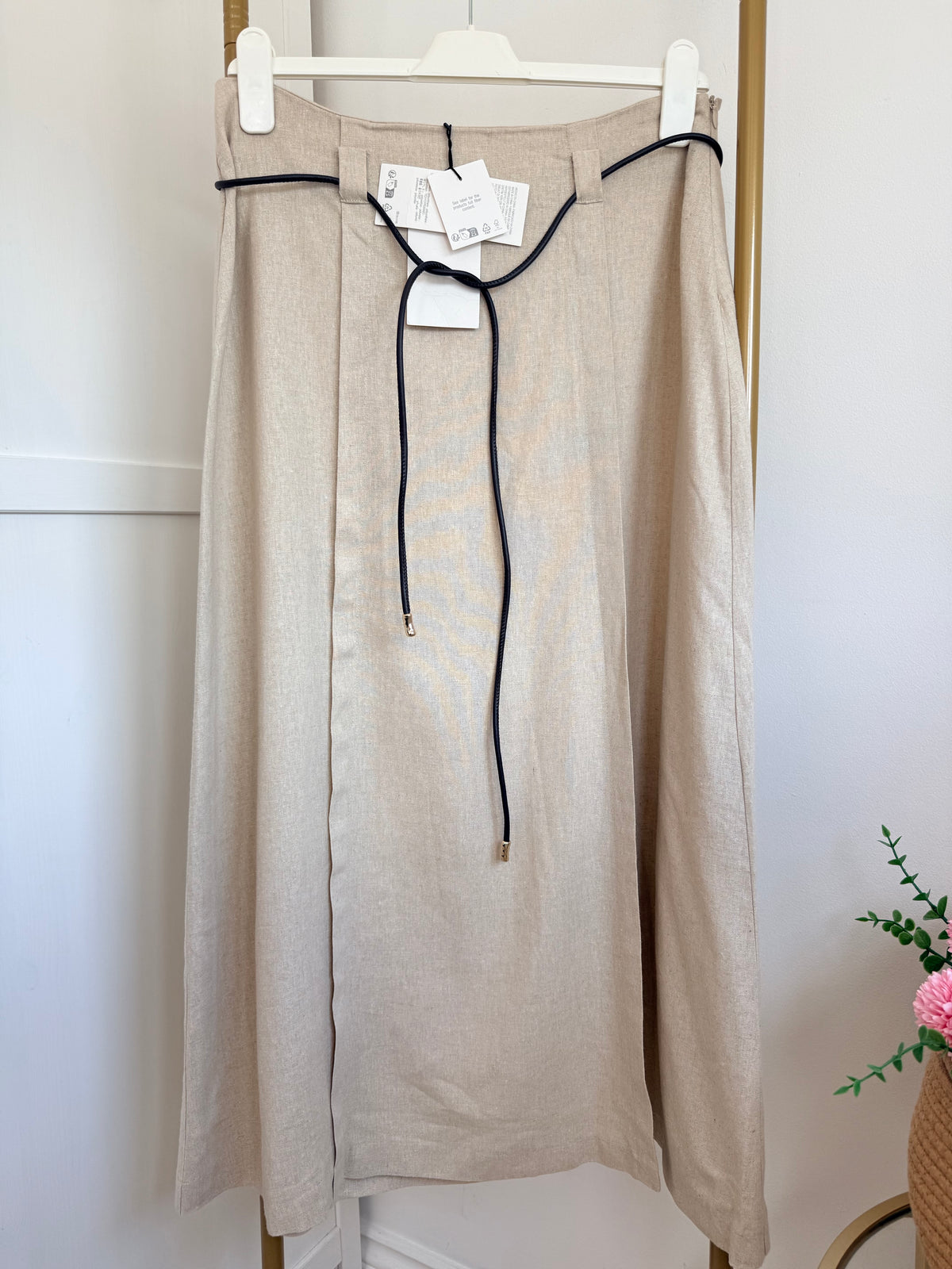 Zara Beige Linen Belted Midi Skirt 2153/939