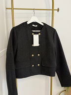  Front close view: Zara grey tailored jacket with gold-tone buttons and front pockets