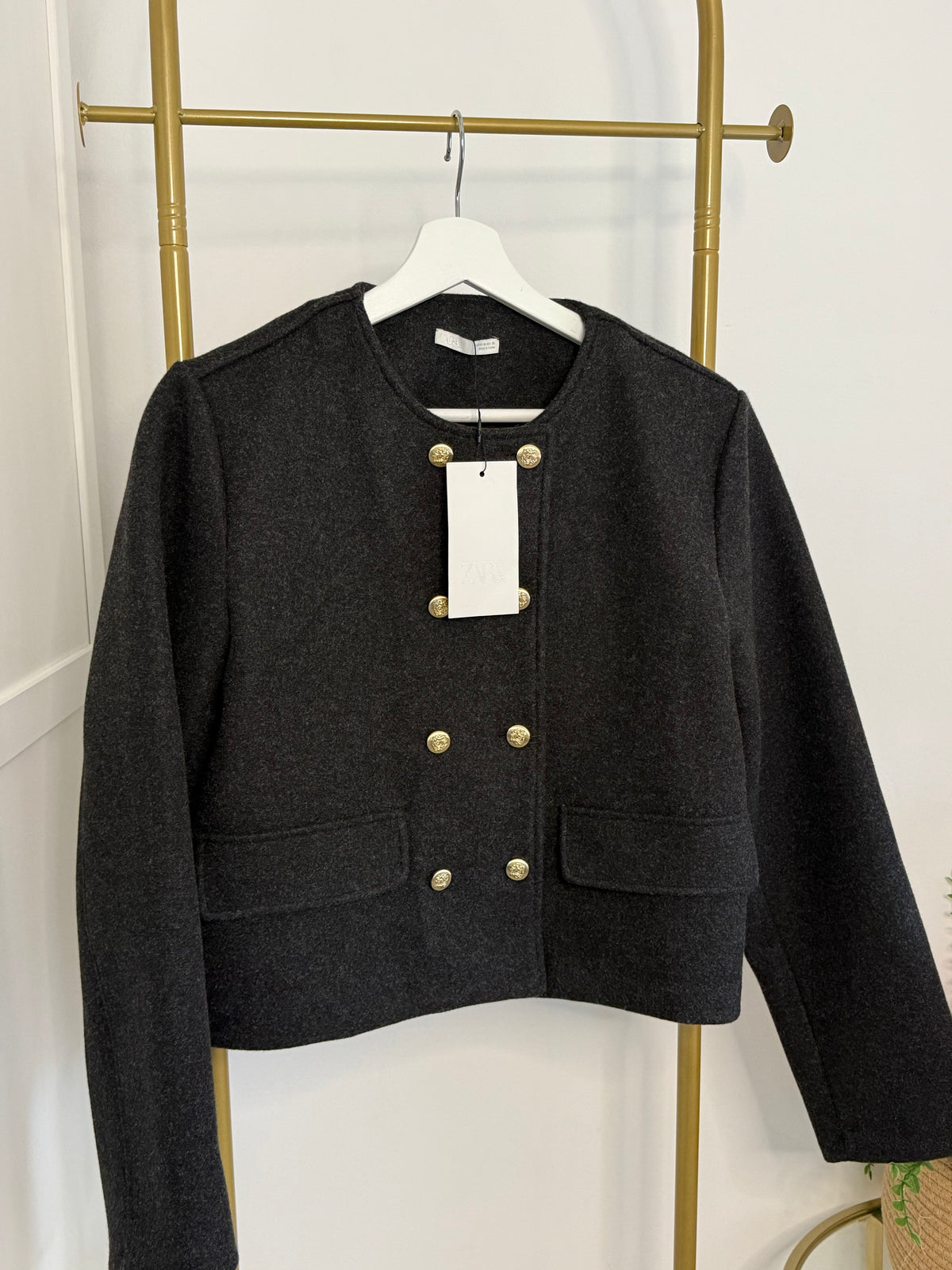  Front close view: Zara grey tailored jacket with gold-tone buttons and front pockets