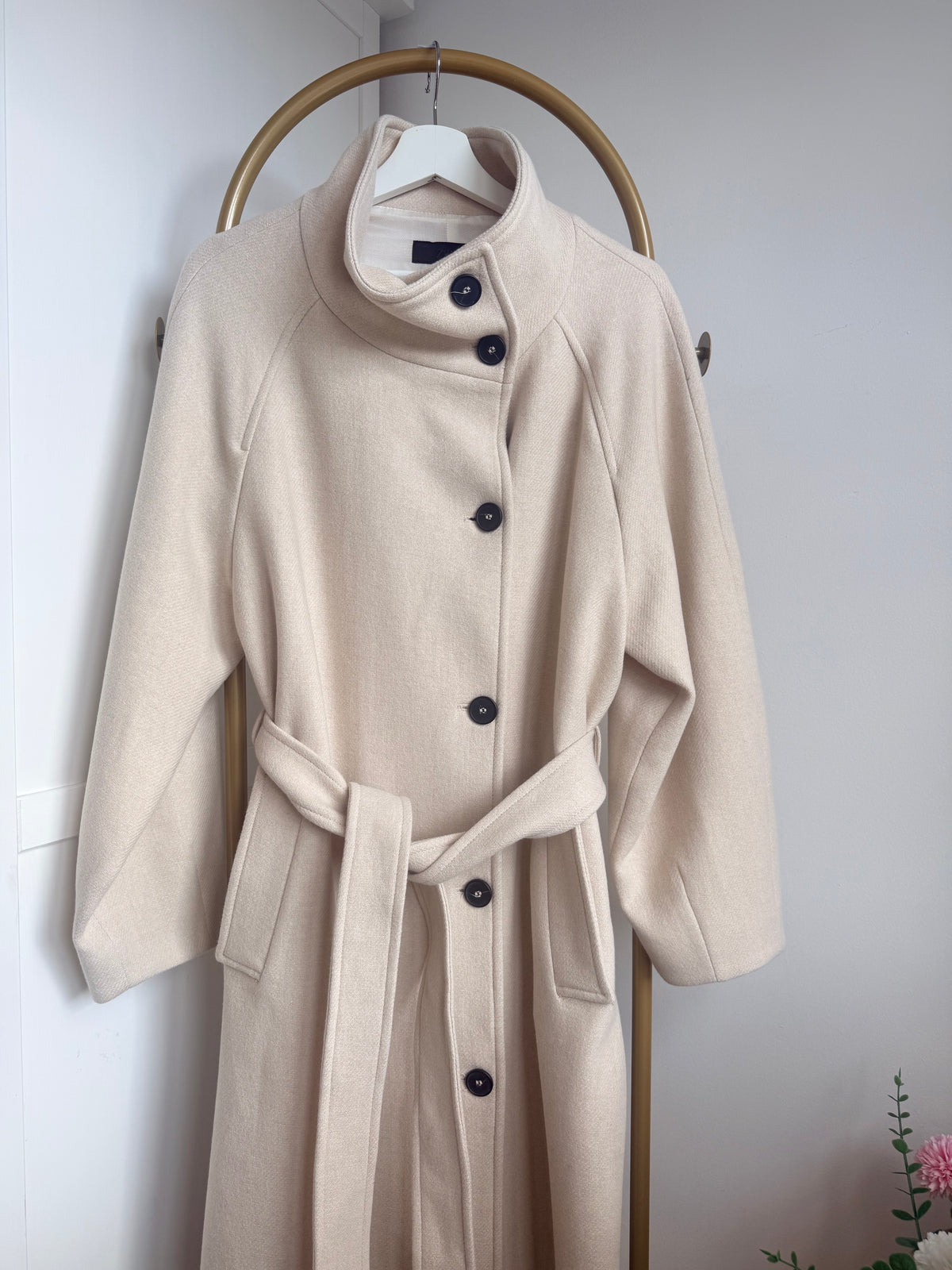     Zara cream belted coat with dark buttons and collar