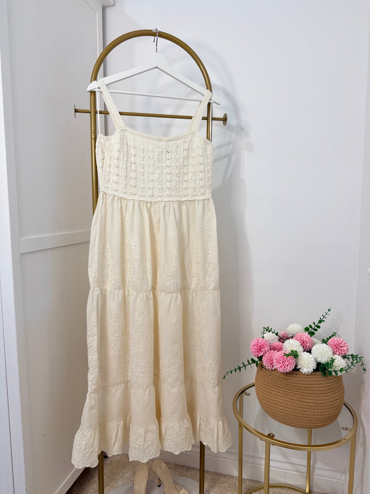 Cream Crochet Embroidered Midi Dress
