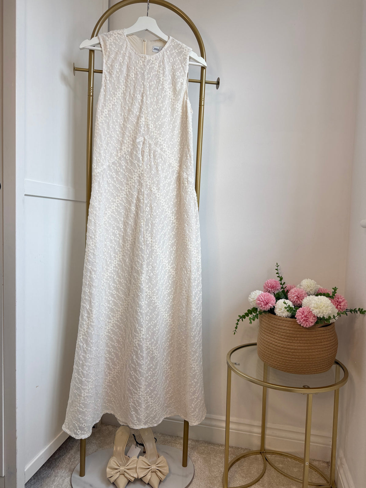 Cream Embroidered Sleeveless Midi Dress