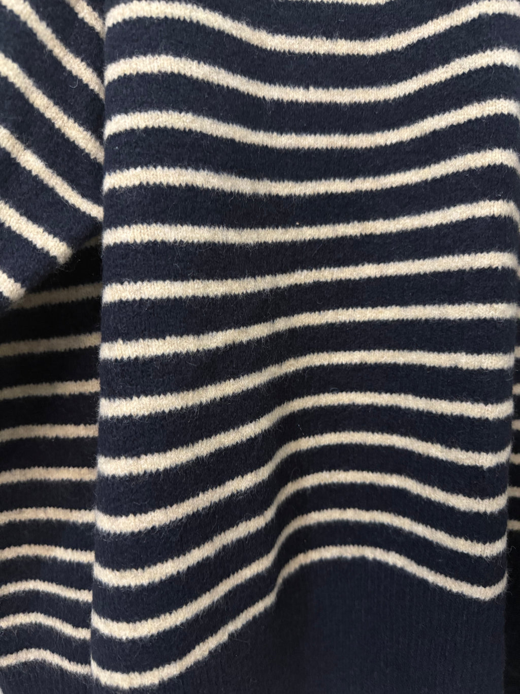     Zara navy and beige striped knit jumper fabric close-up