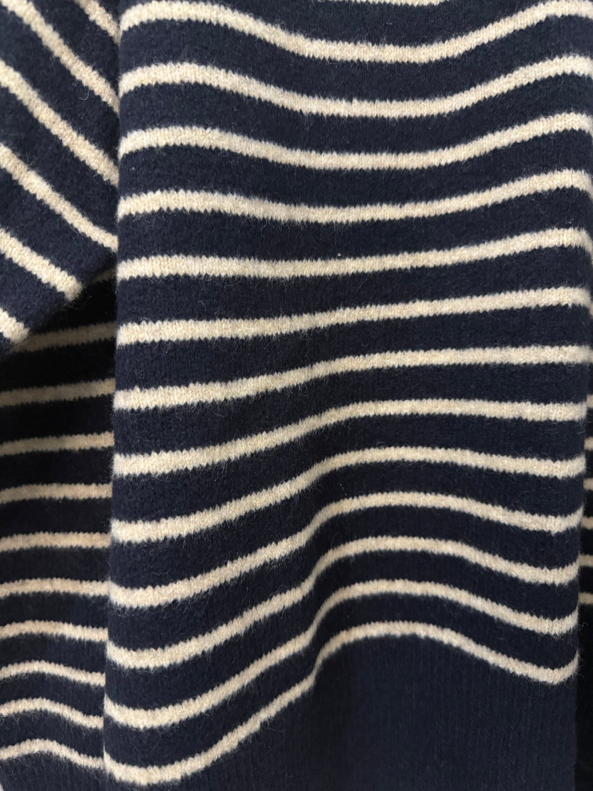     Zara navy and beige striped knit jumper fabric close-up