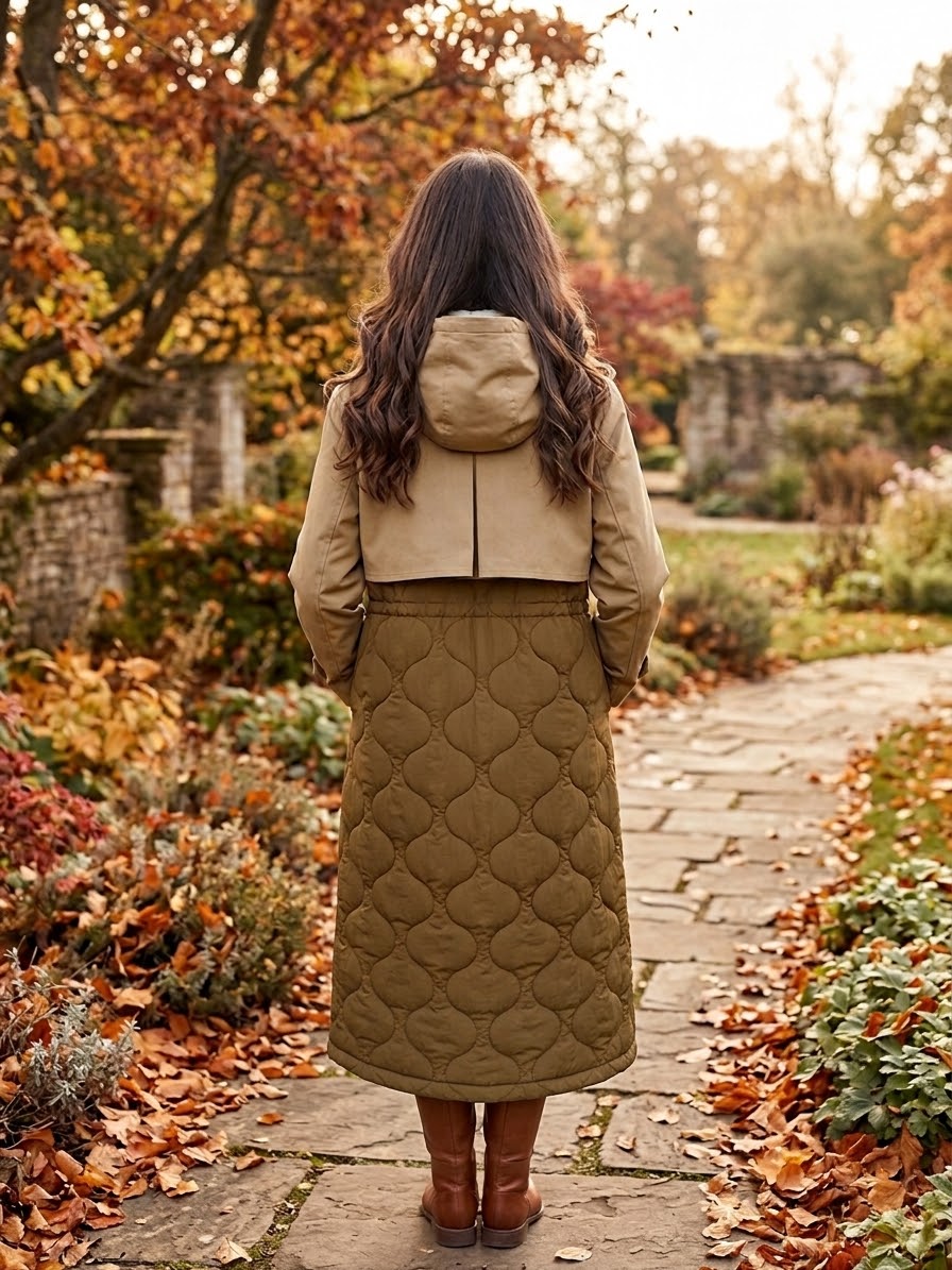     Zara beige padded long trench coat back view on model