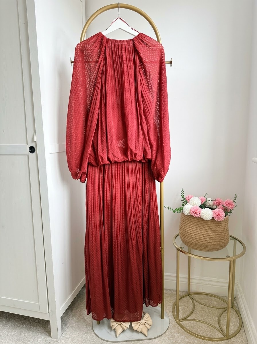     Zara burgundy pleated co-ord set with matching blouse and skirt