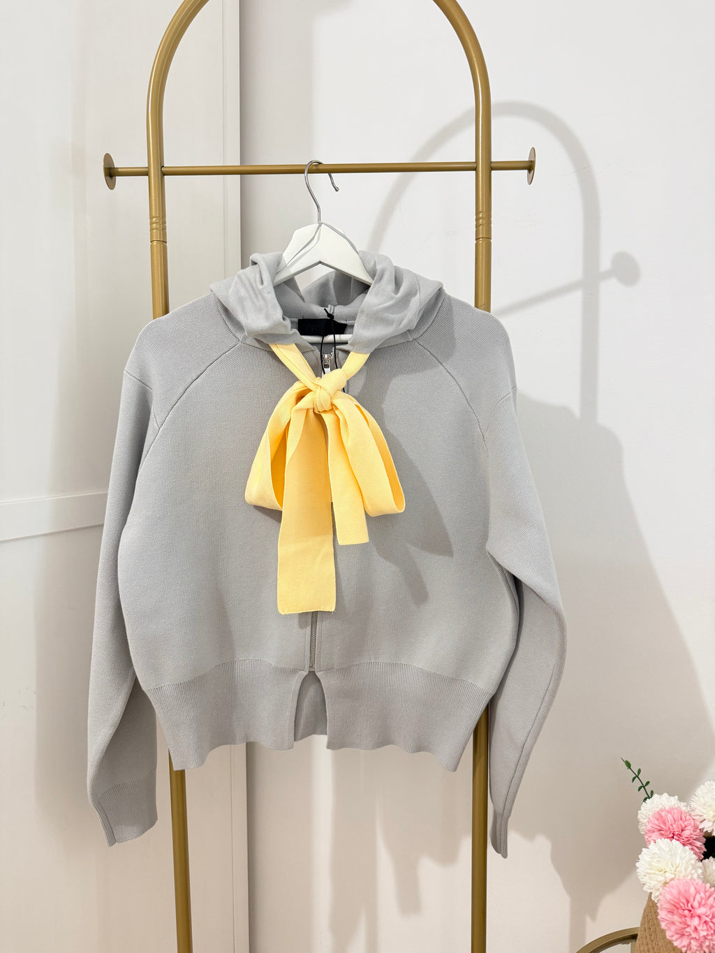     Zara grey thick knit cardigan with yellow tie detail