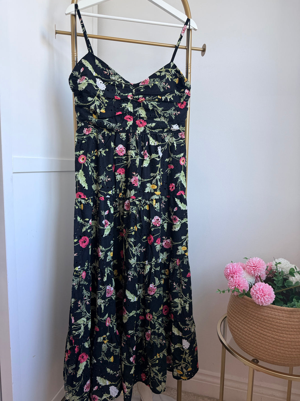 Black Floral Embroidered Sleeveless Midi Dress