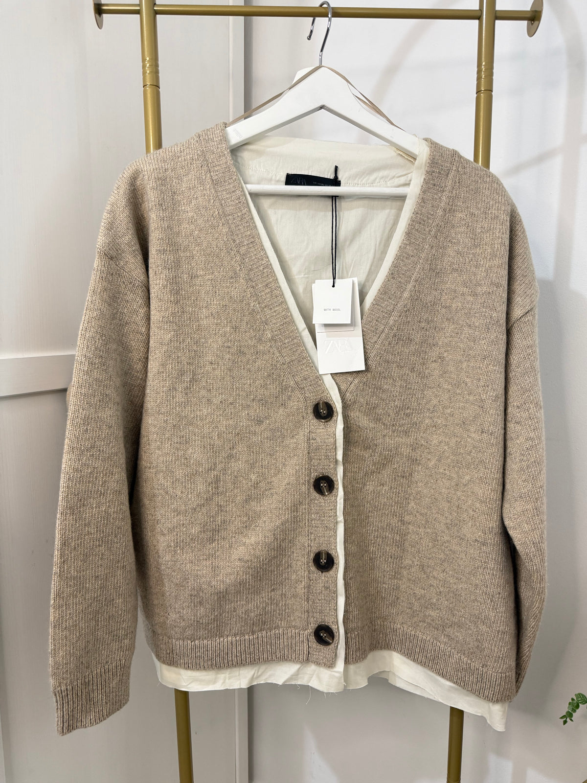     Zara beige button front knit cardigan close-up