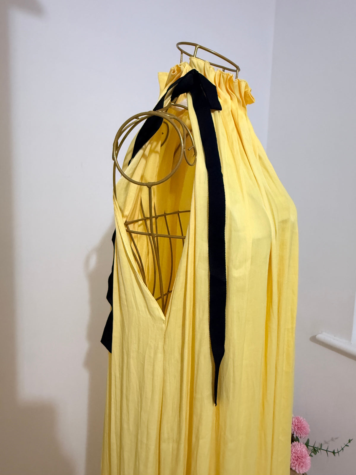Yellow Pleated Satin Midi Dress