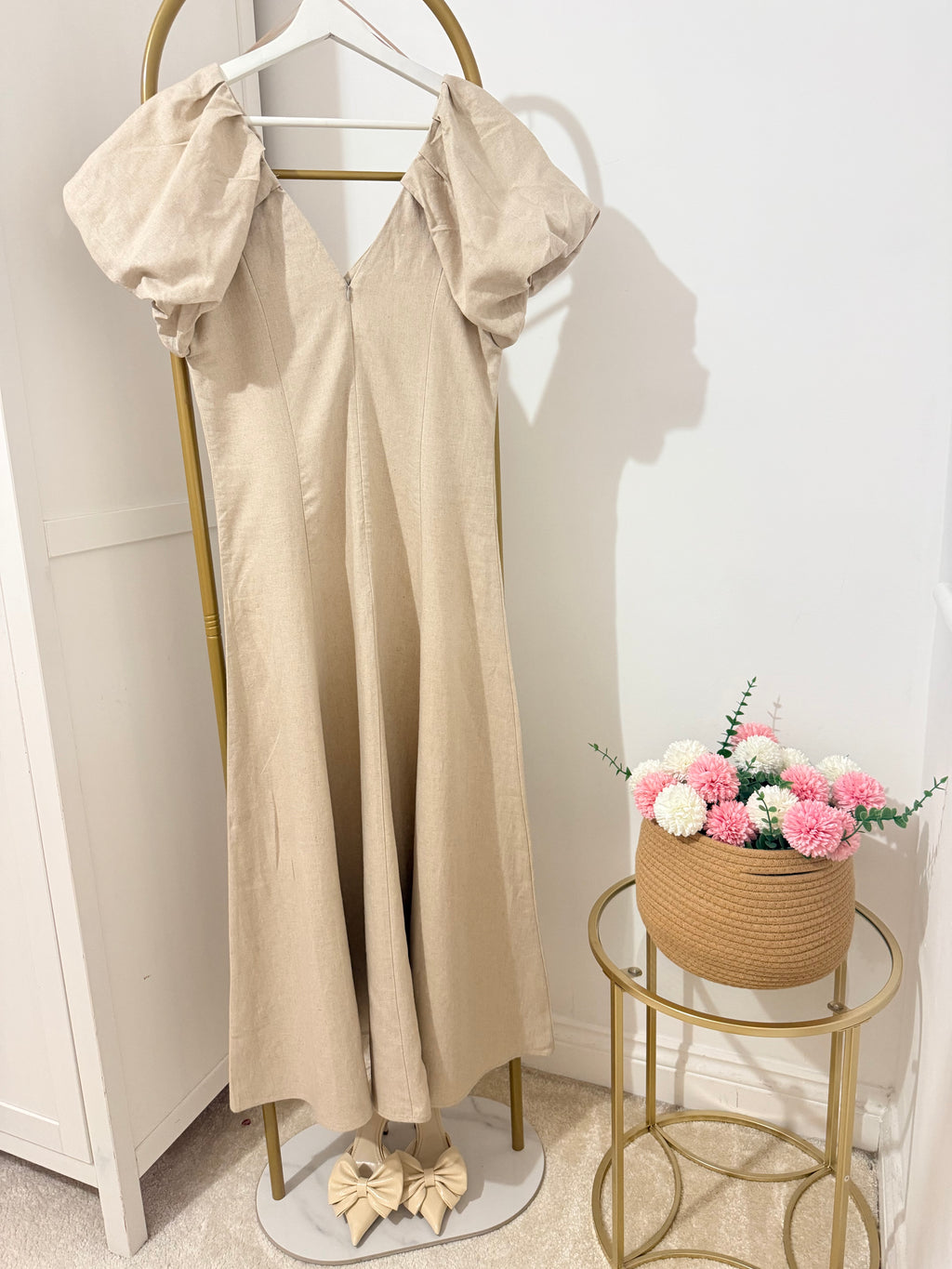 Linen Beige Short Sleeves Midi Dress