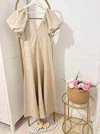Linen Beige Short Sleeves Midi Dress