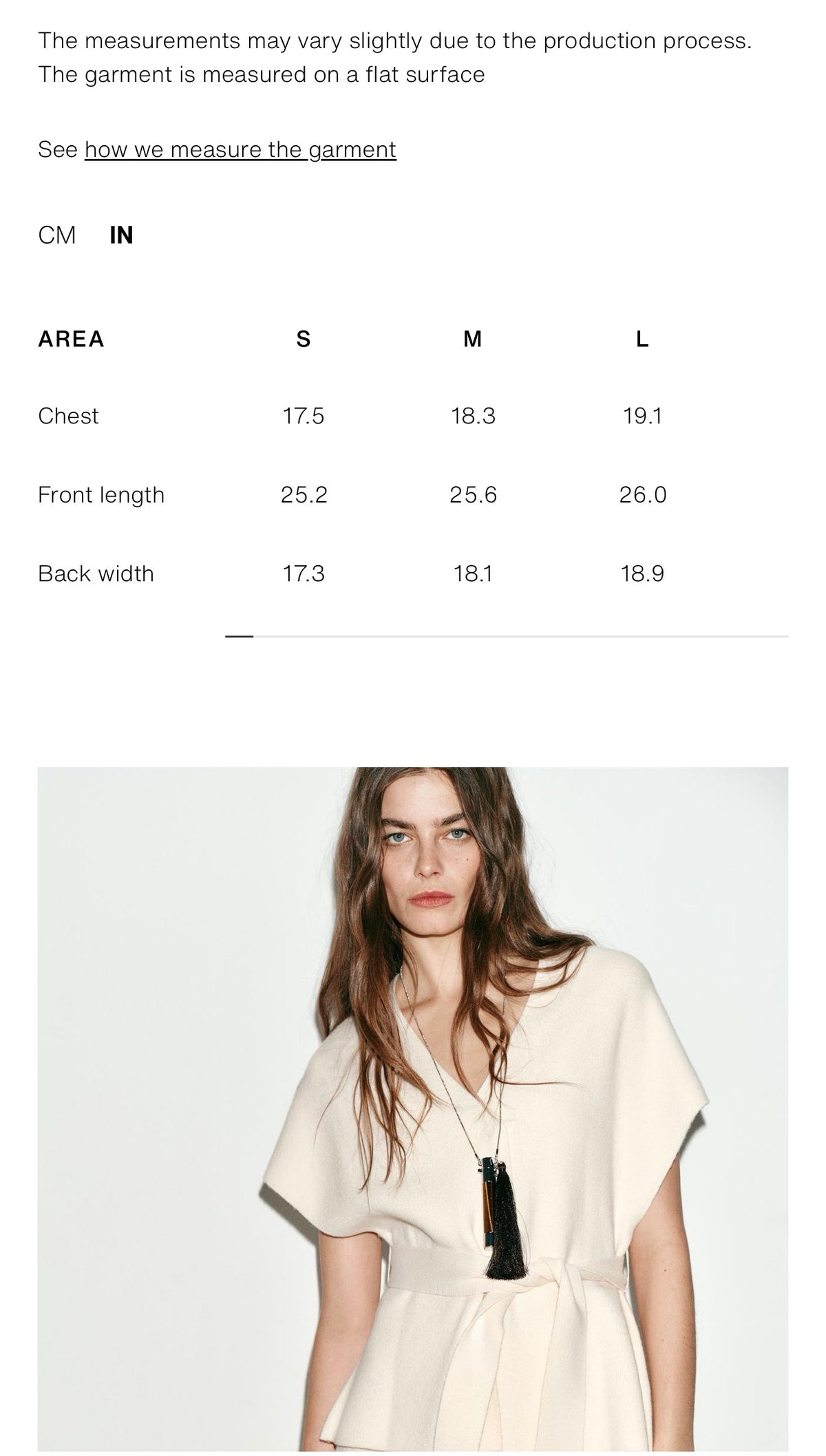     Zara cream knit belted waistcoat size guide and model image