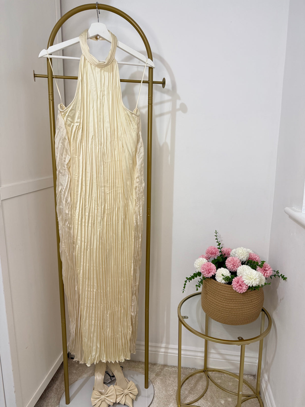 Satin Wrinkle Cream Midi Dress