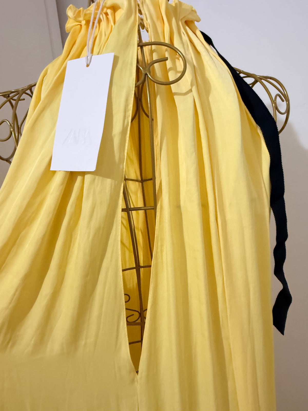Yellow Pleated Satin Midi Dress