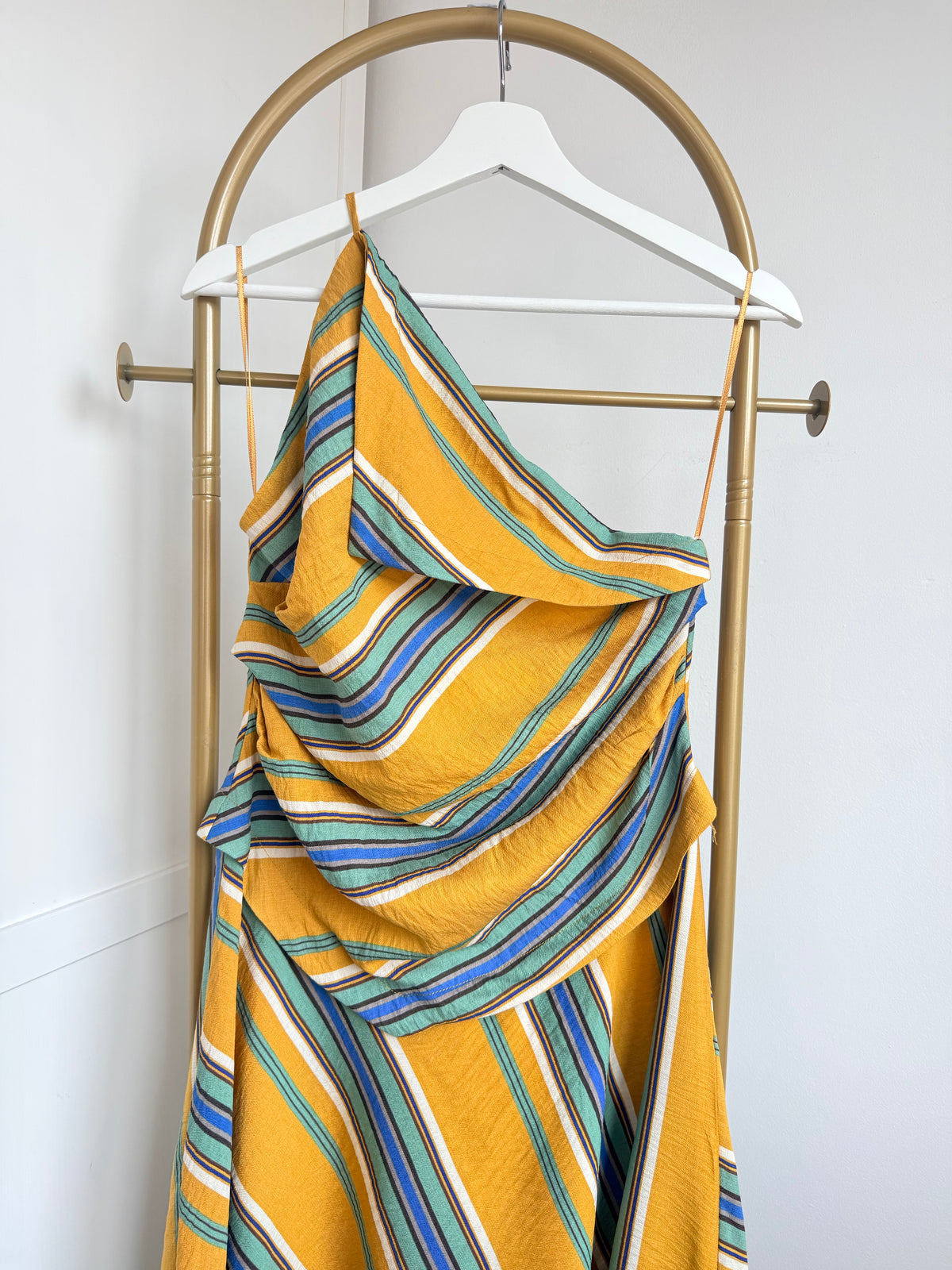 Mustard Striped Asymmetric Midi Dress