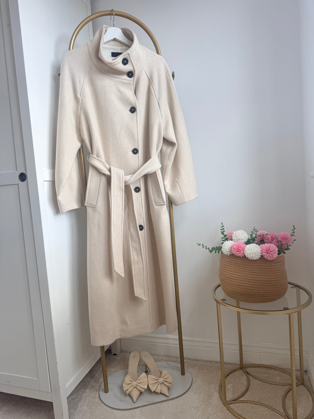     Zara cream belted wool blend long coat front view