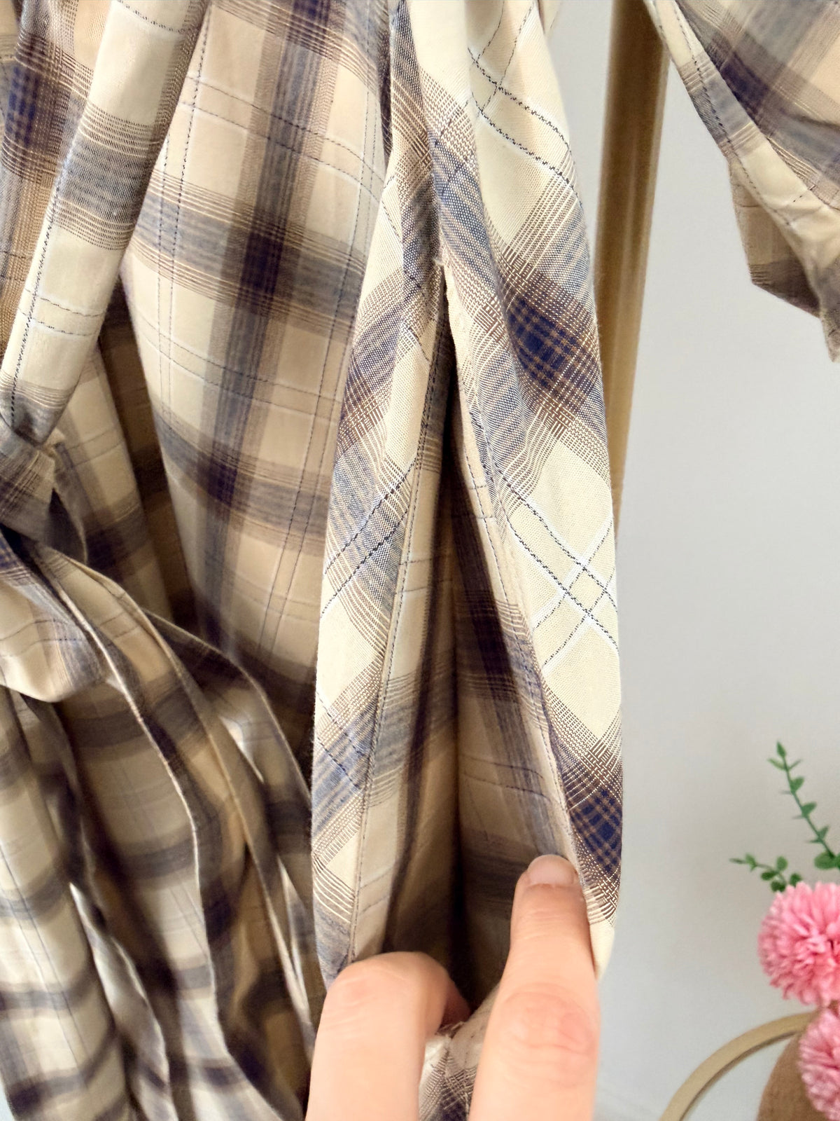 Beige Checked Belted Midi Dress