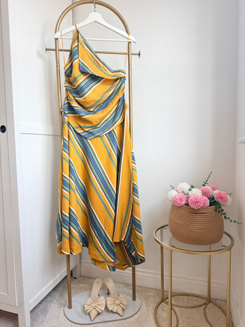 Mustard Striped Asymmetric Midi Dress