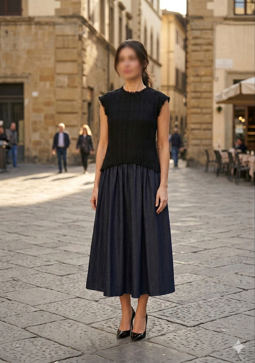 Tweed Denim Combined Sleeveless Midi Dress