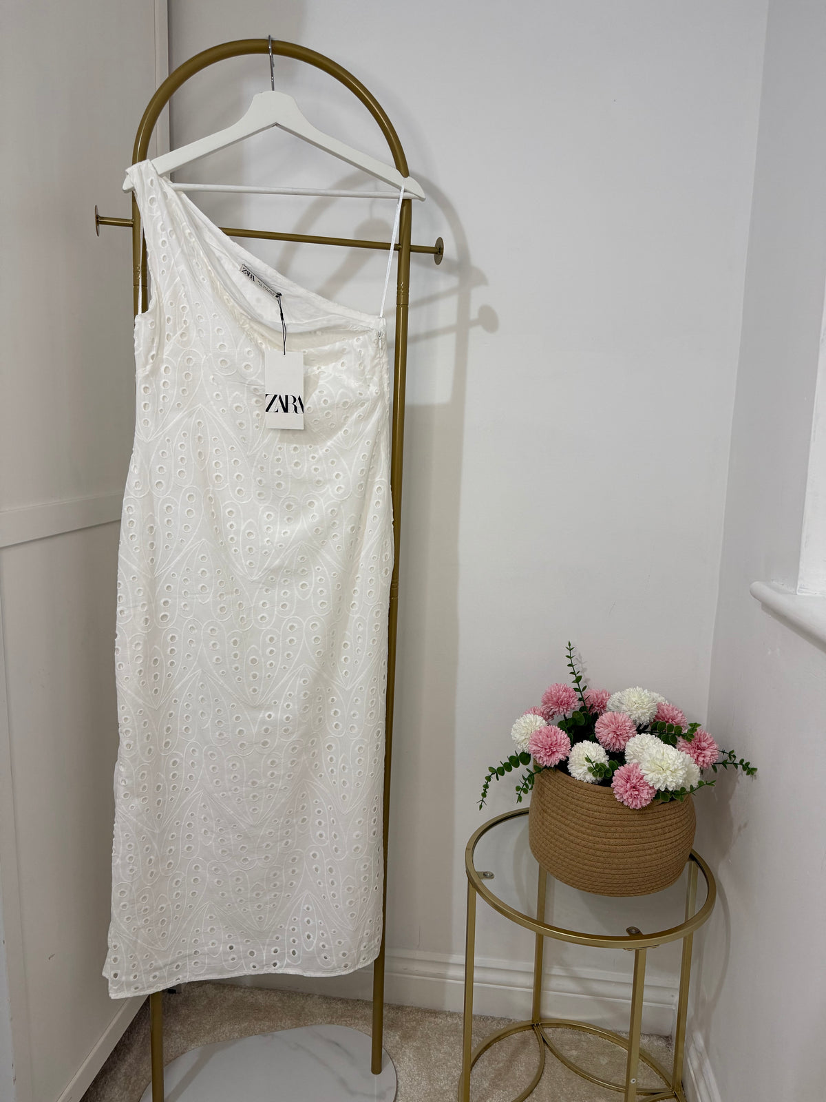 White One Shoulder Embroidered Midi Dress