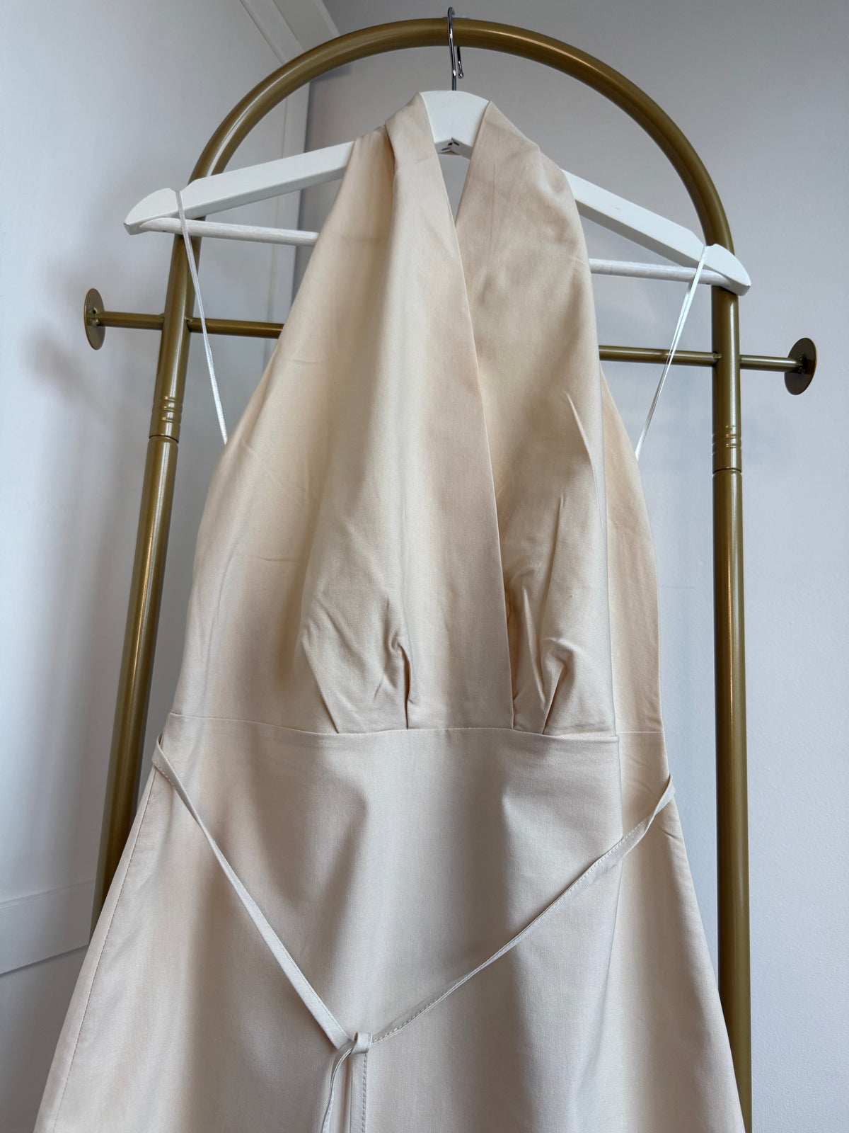 Halter Neck Beige Sleeveless Midi Dress