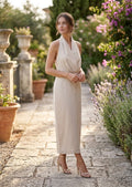 Halter Neck Beige Sleeveless Midi Dress