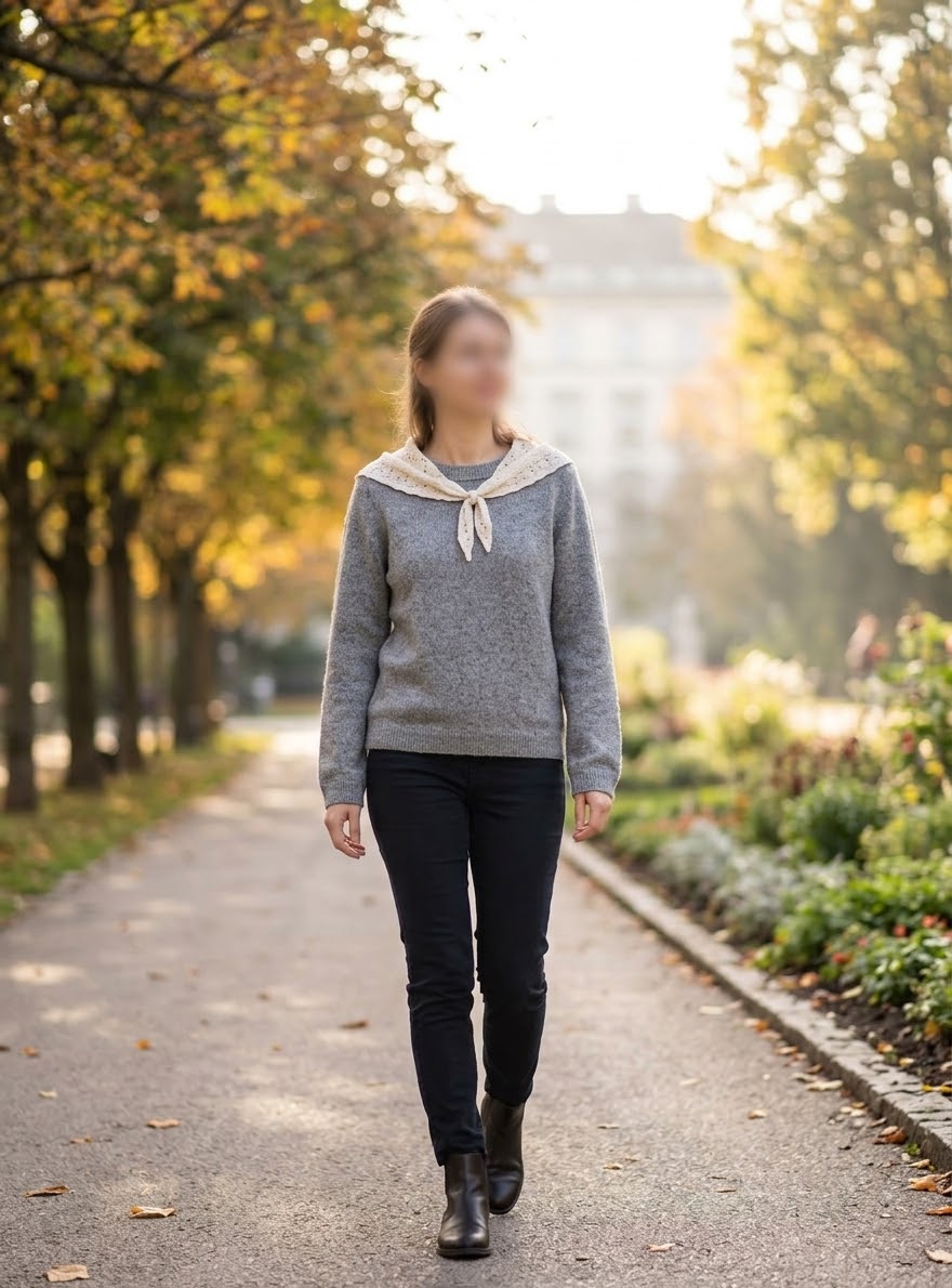     Zara grey knit sweater with beige scarf styled on model