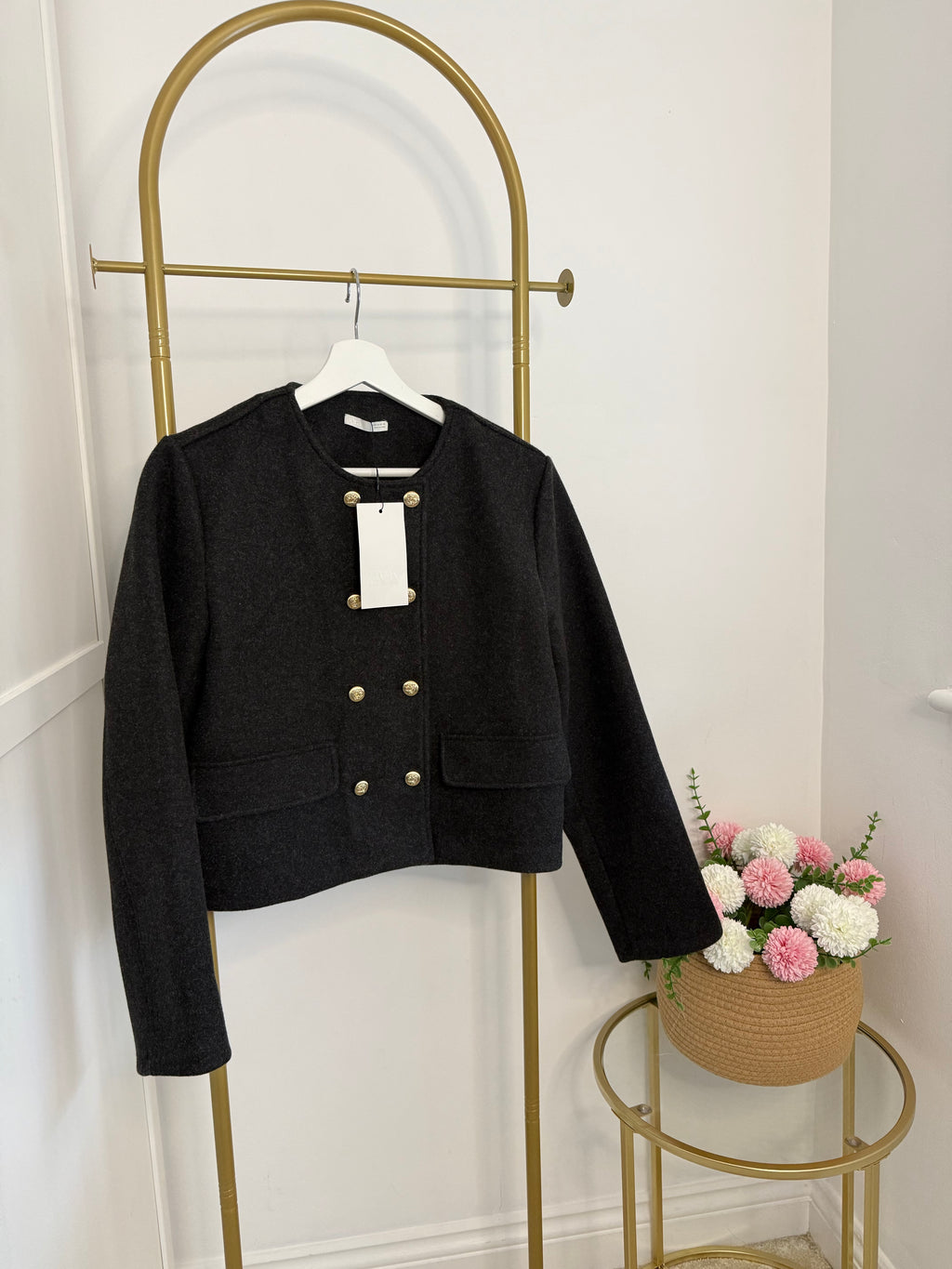 Full jacket: Zara grey double-breasted jacket with gold buttons – front view