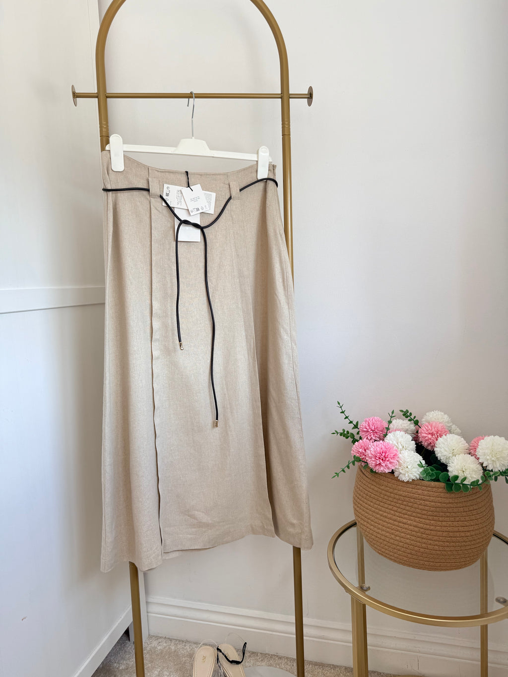 Zara Beige Linen Belted Midi Skirt 2153/939