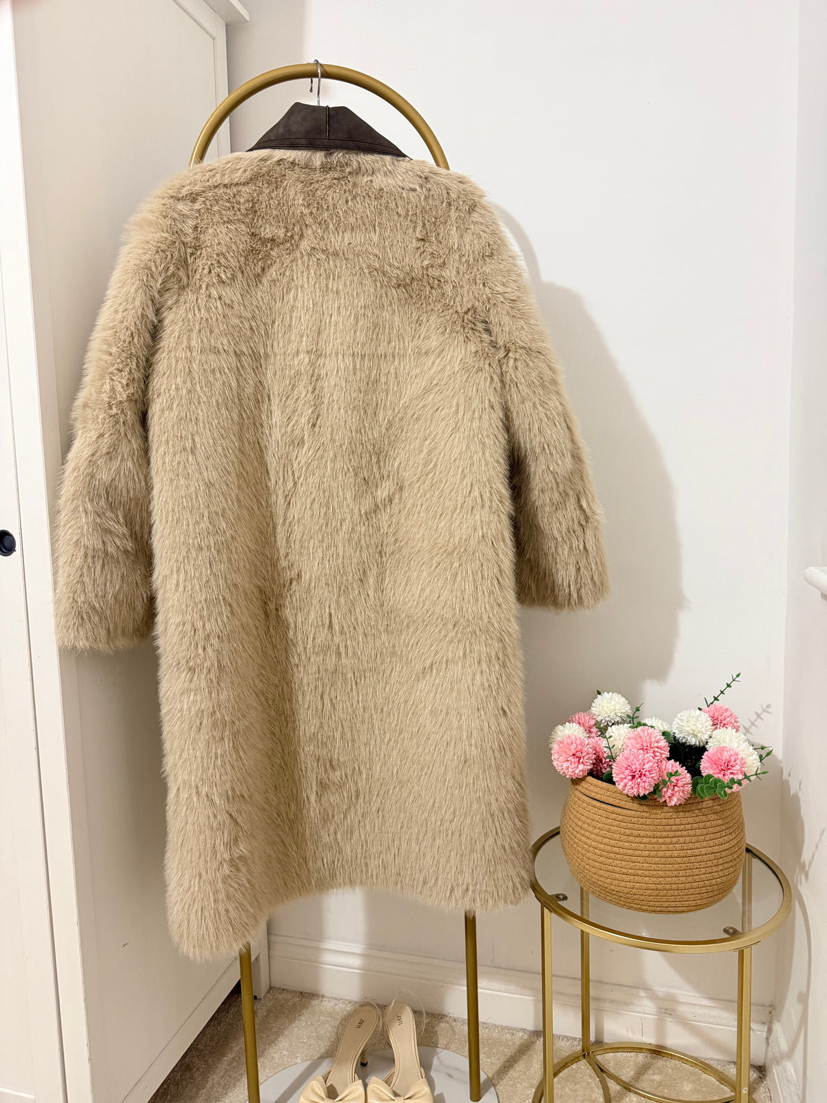     Zara beige faux fur reversible coat back view