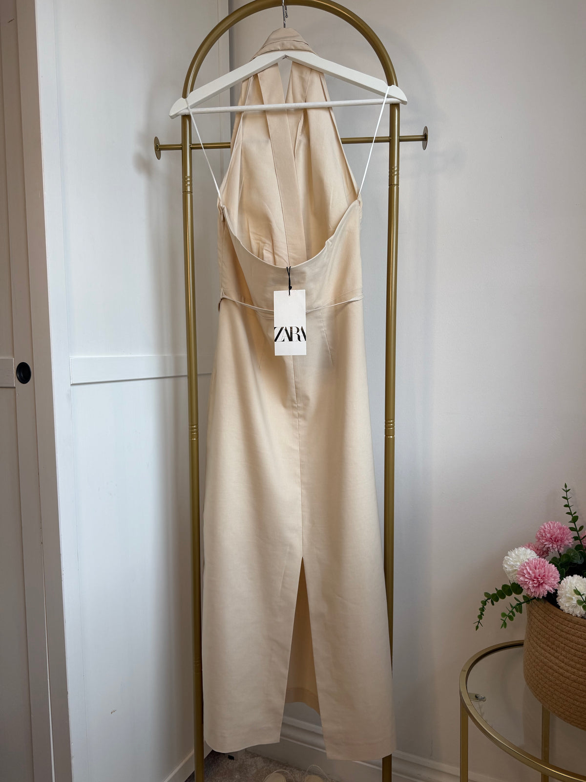 Halter Neck Beige Sleeveless Midi Dress