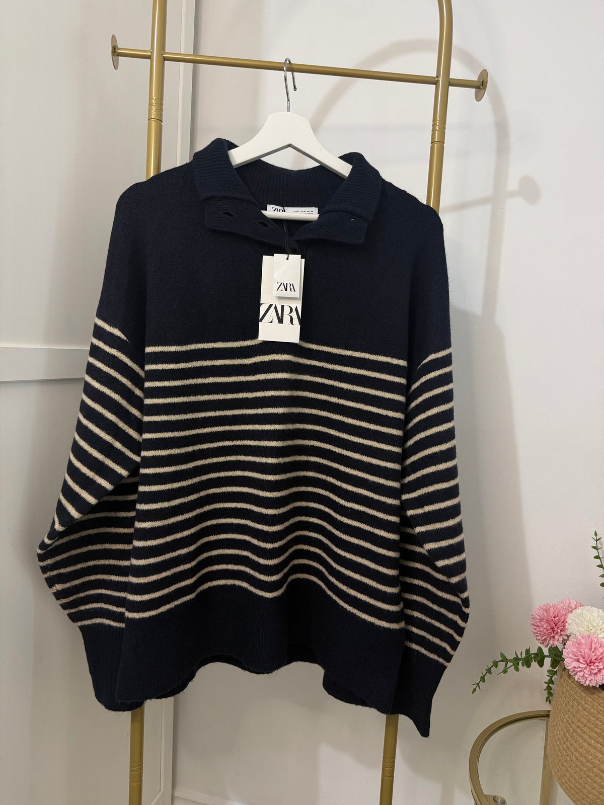     Zara navy and beige striped jumper front detail