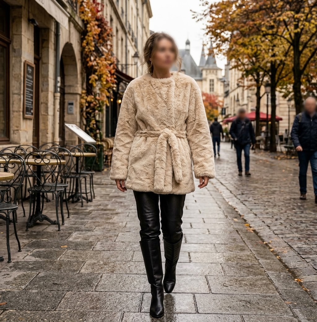     Woman wearing Zara beige faux fur belted coat on a city street
