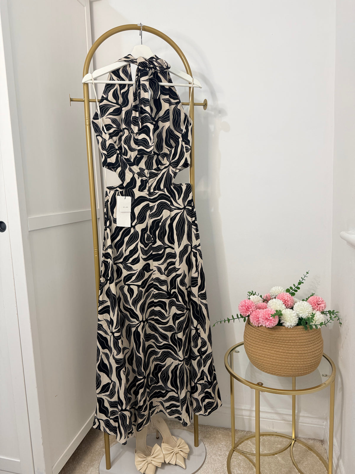 Printed Linen Halter Neck Midi Dress