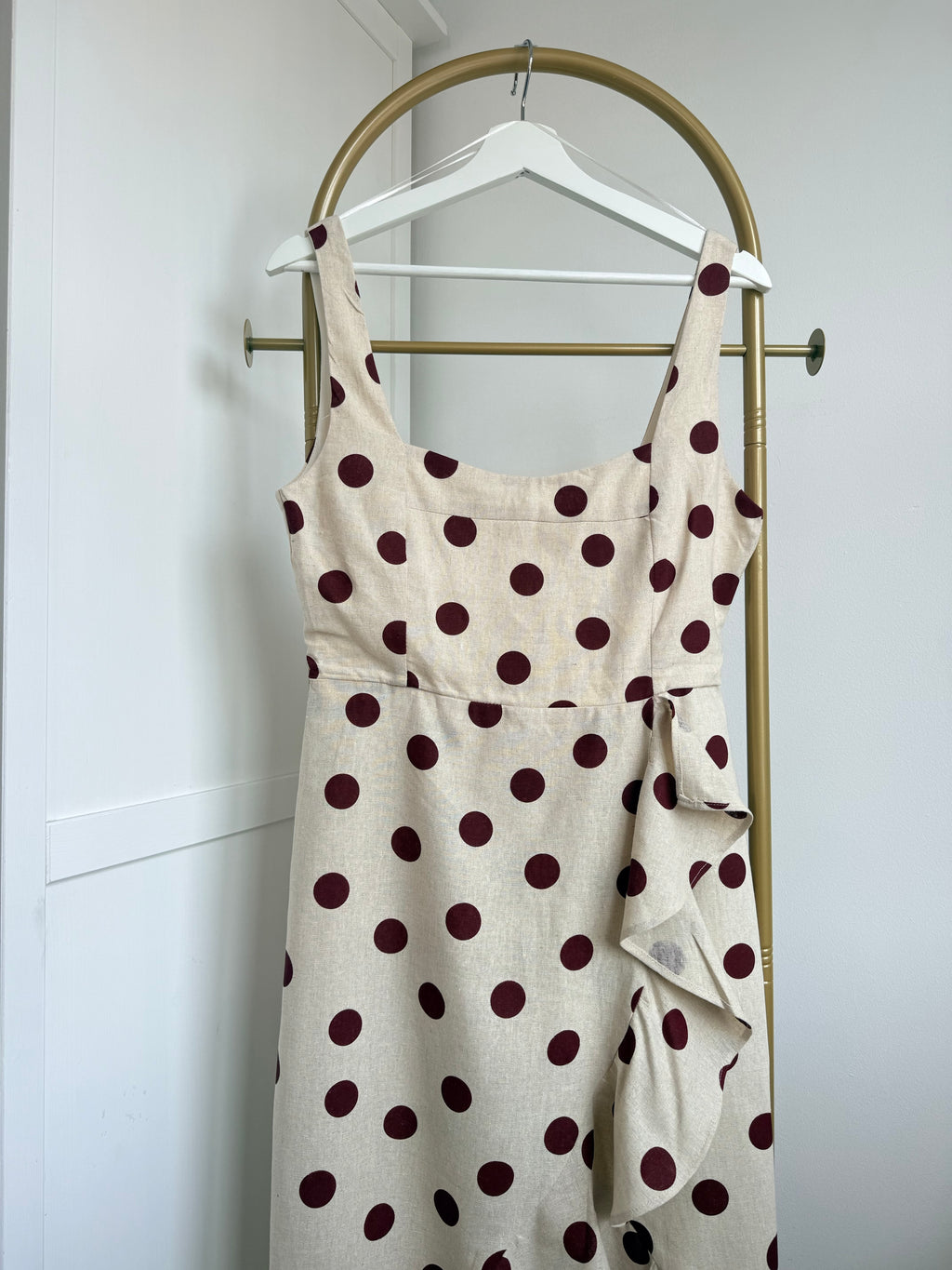 Beige Polka Dot Midi Dress