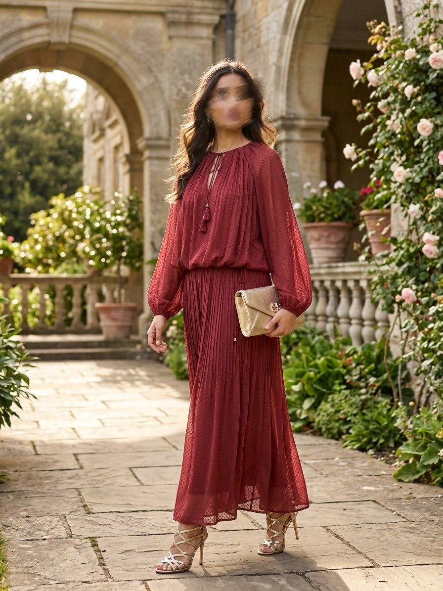     Woman wearing Zara burgundy pleated skirt and blouse co-ord set
