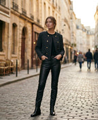  Model image: Woman wearing Zara grey double-breasted jacket with gold buttons