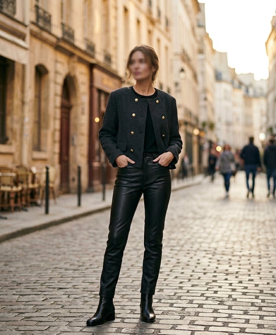  Model image: Woman wearing Zara grey double-breasted jacket with gold buttons