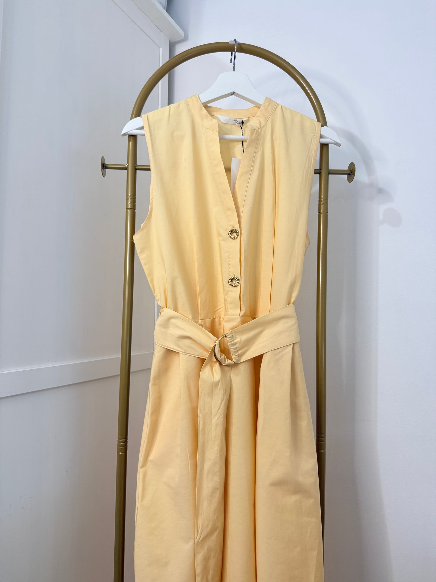 Zara yellow sleeveless poplin belted midi dress 5029/128