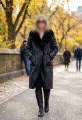     Woman wearing Zara black faux fur reversible coat outdoors in autumn