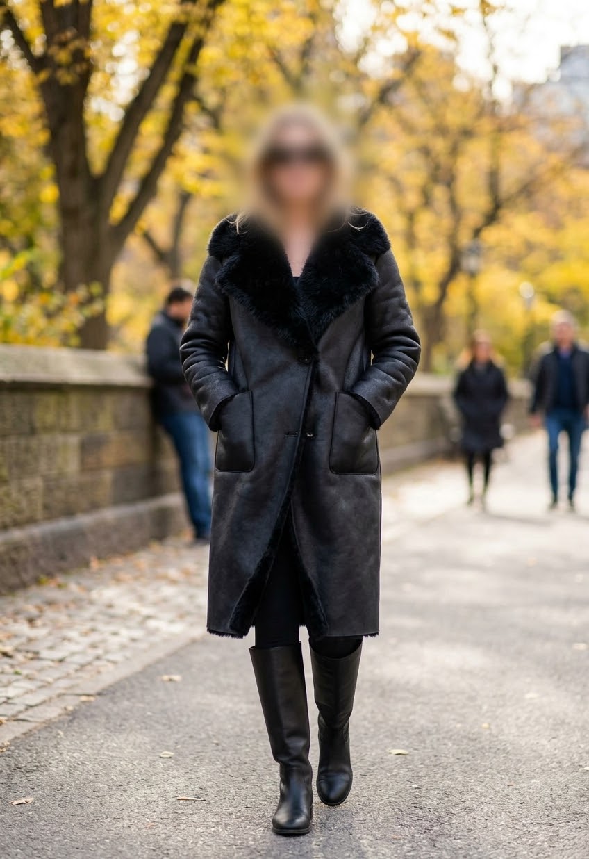     Woman wearing Zara black faux fur reversible coat outdoors in autumn